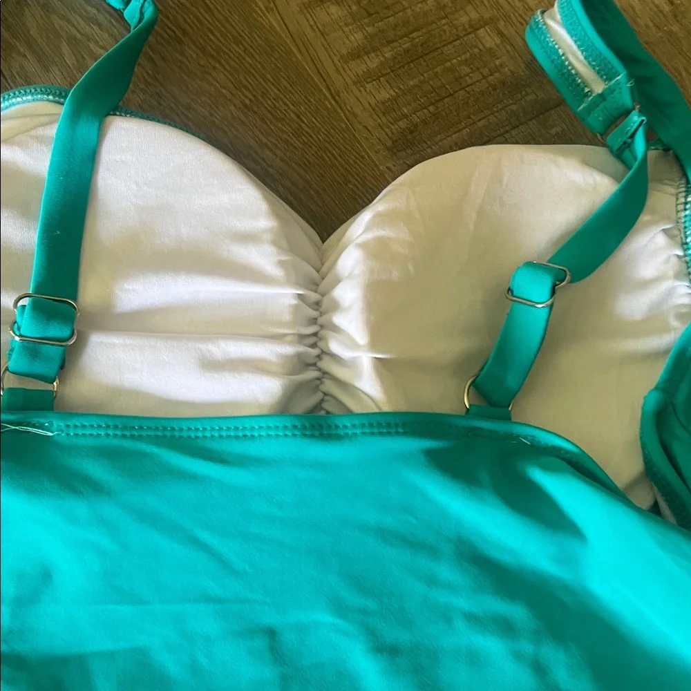 Teal Lace-Up Ruched Swim Tank - Picture 3 of 5